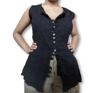 Black Plisse Mesh Button Up Blouse